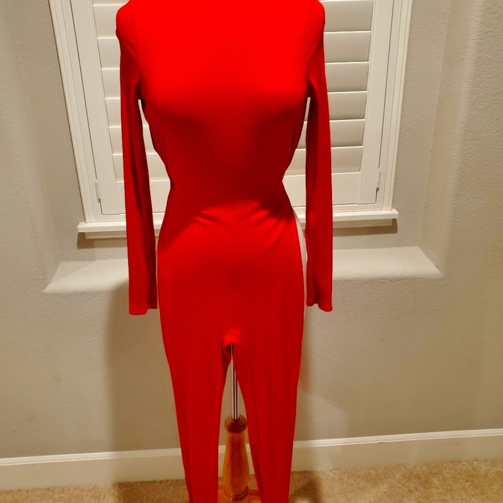 Red ribbed catsuit